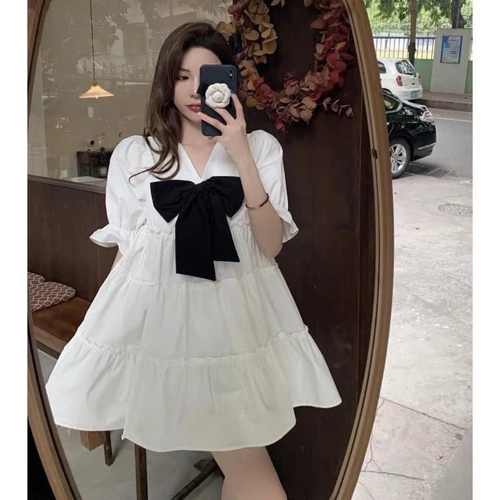 Đầm babydoll nữ ❤️đầm xoè cổ v đính nơ❤️ chất thô mềm xếp tầng, đầm trắng, đầm tiểu thư MÂY_1989