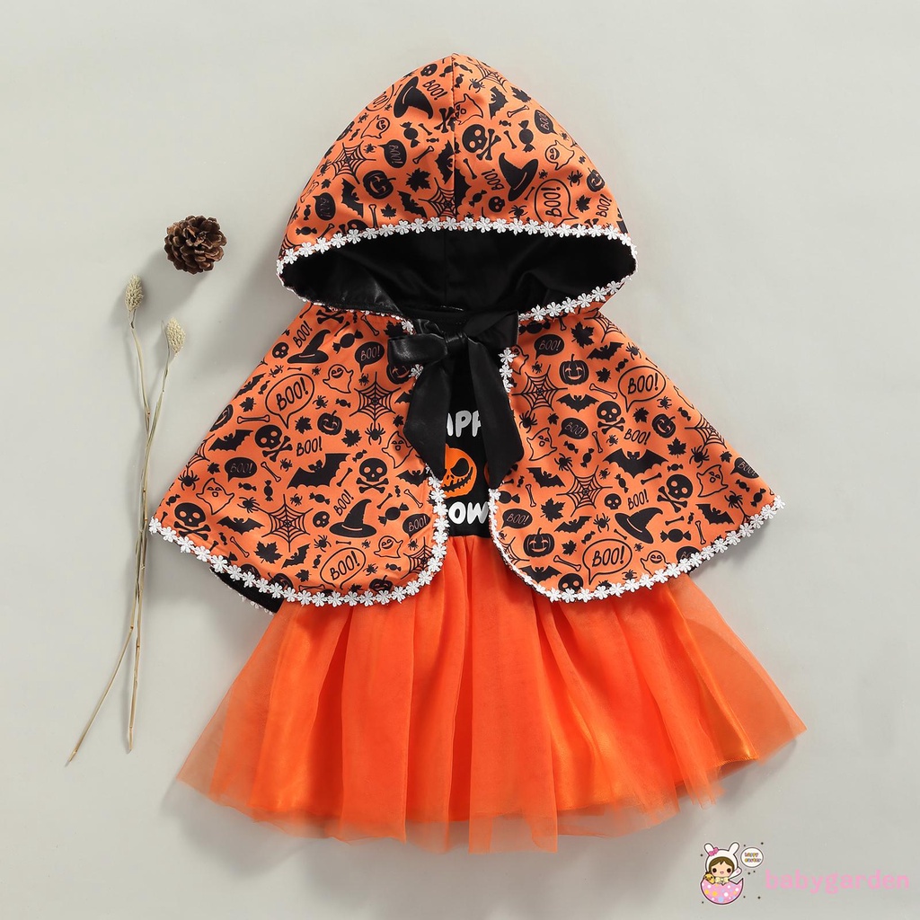 Bộ đầm cổ tròn không tay in chữ + áo choàng hóa trang halloween dành cho bé gái 18 tháng - 5 tuổi
