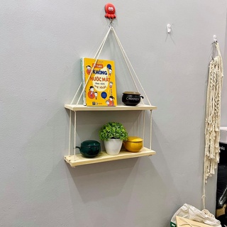 Kệ gỗ  thông tự nhiên treo tường có dây phong cách retro DIY dây trắng