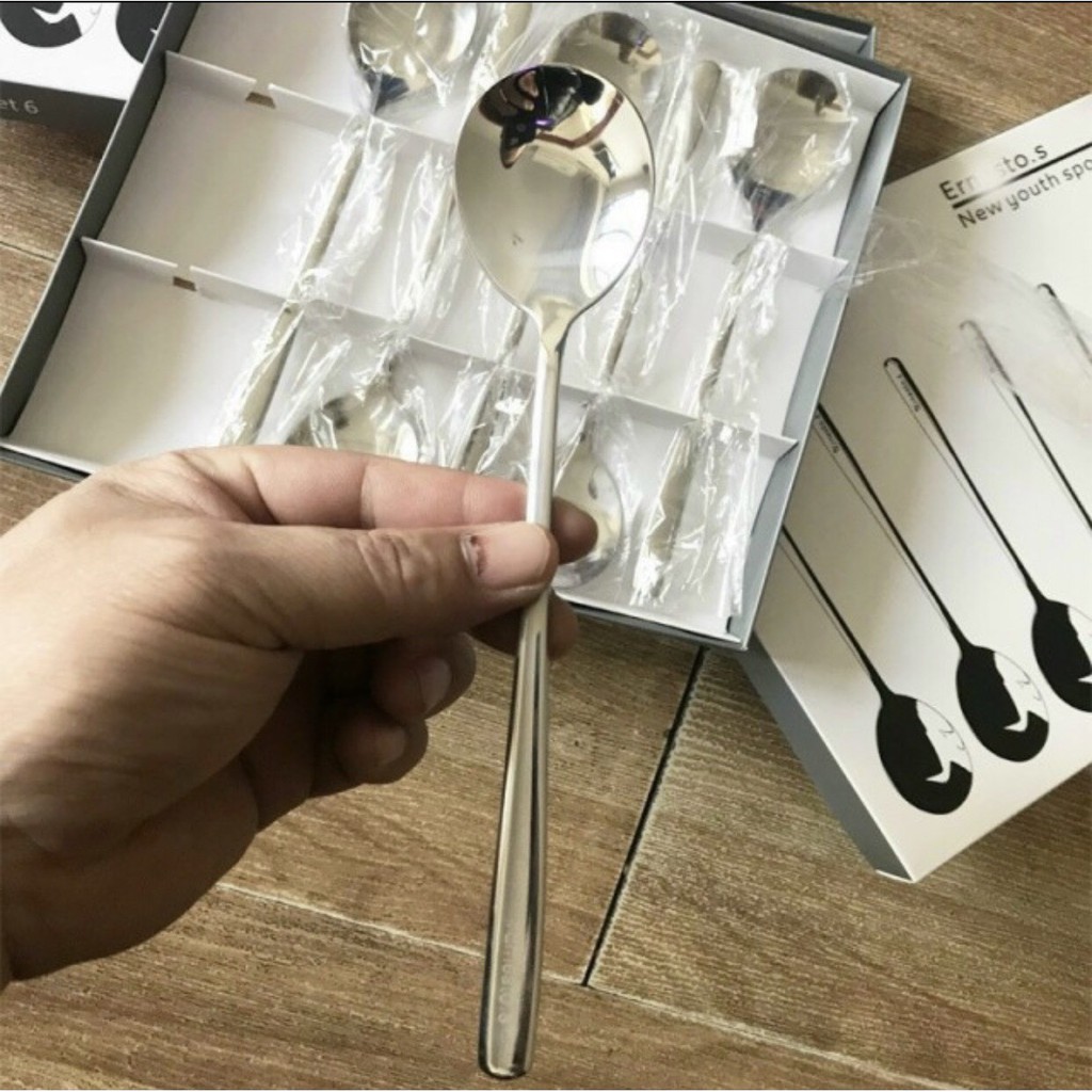 ComBo 6 Thìa Inox Cao Cấp Cán Dài Sáng Bóng sang chảnh kèm hộp (   hot)