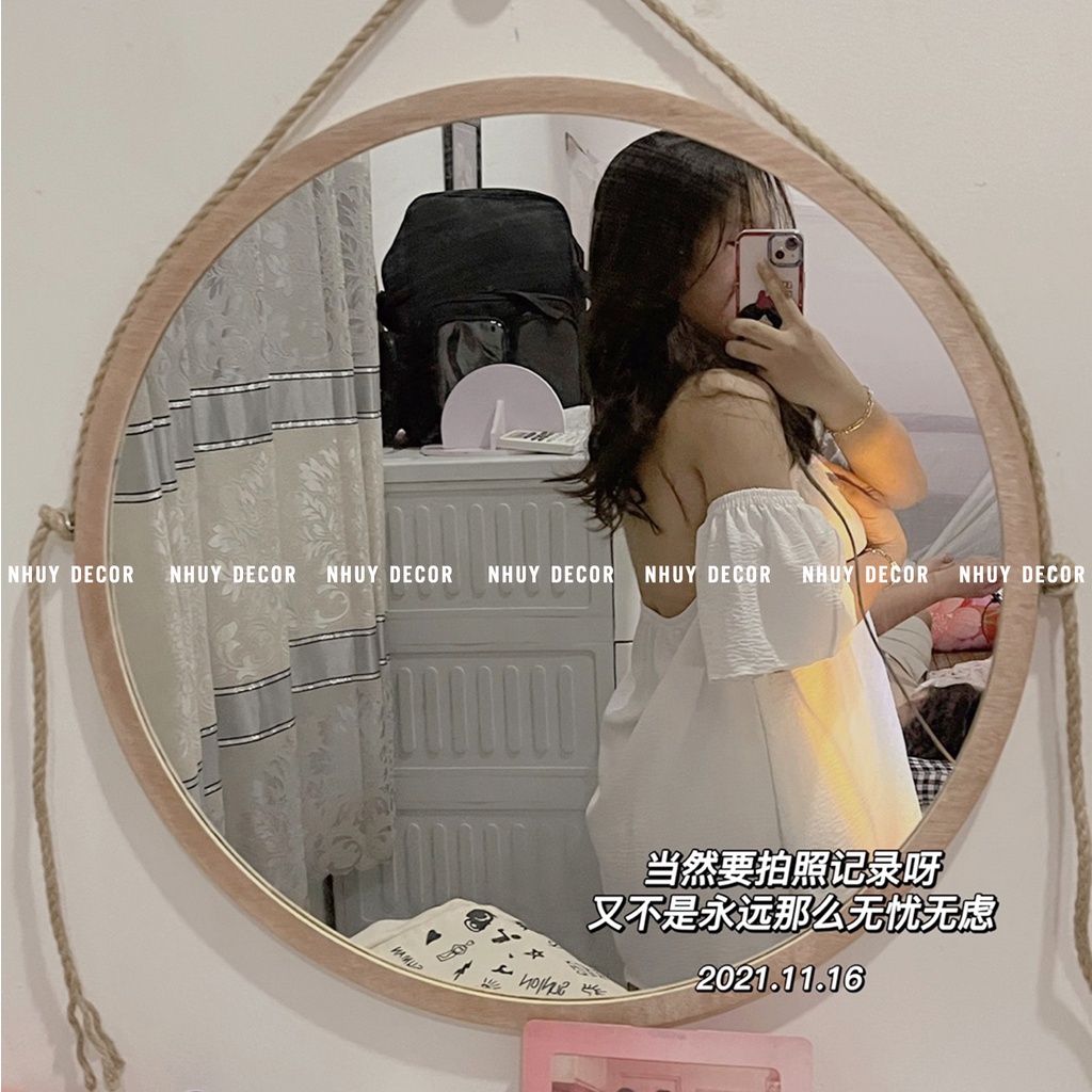 Gương Treo Tường Khung Viền Gỗ Trang Trí Nhà Tắm Spa Nail Đường Kính 55 - 60 cm