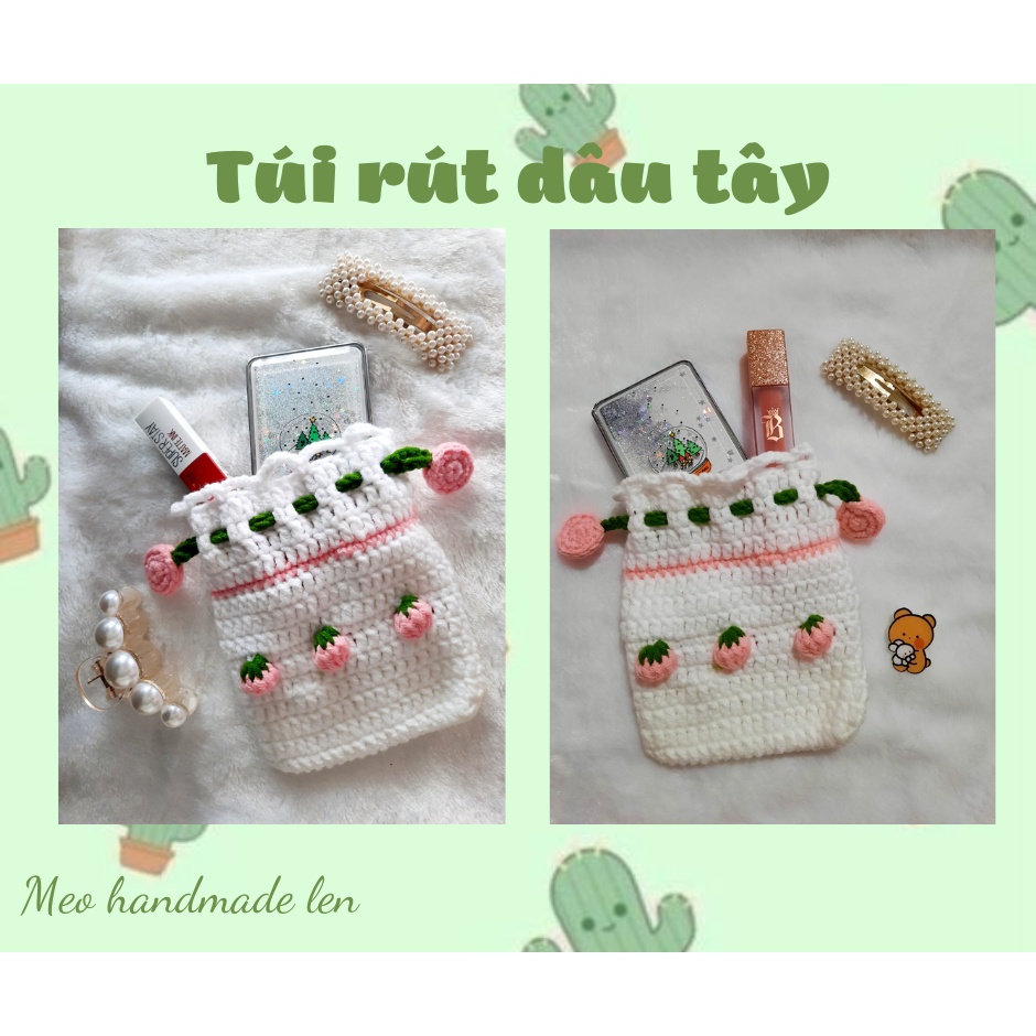 Túi rút dâu tây - Túi rút hoa tulip - Handmade len - Crochet