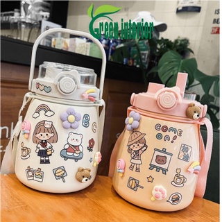 Bình nước giữ nhiệt Greeninterior 880ml, bình đựng nước cute có ống hút, inox 304 cao cấp kèm hình dán 3D Màu Hồng