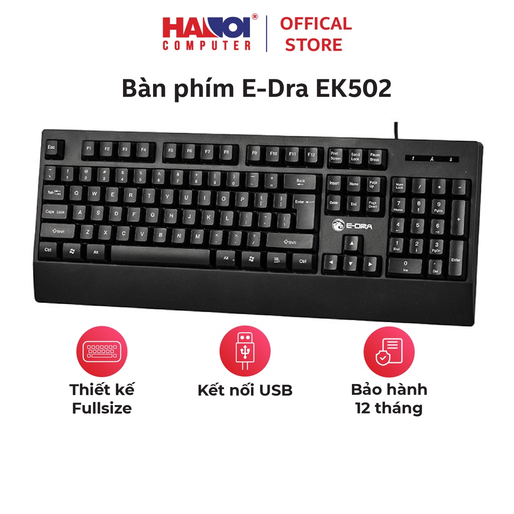 Bàn phím Edra EK502 màu đen, kết nối chuẩn USB, 104 phím có độ bền lên tới 20 triệu lần nhấn