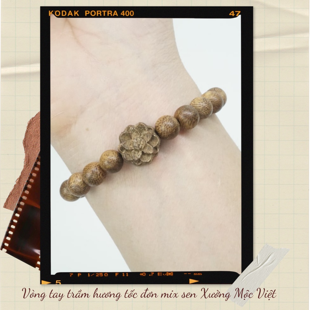 Ảnh Vòng tay trầm hương hạt tròn mix hoa sen Trầm tóc vườn, sánh chìm, tóc kiến tự nhiên -Xưởng Mộc Việt 2