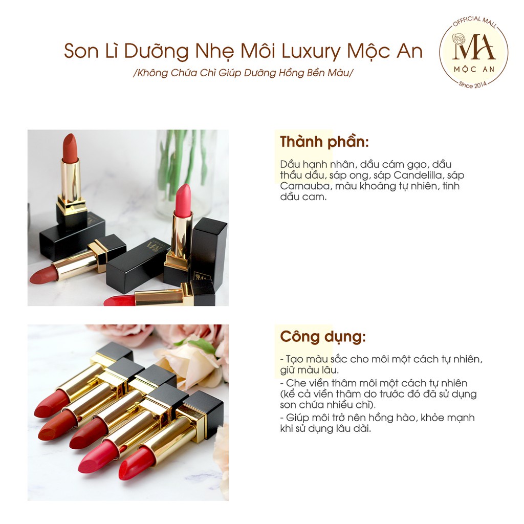 Mô tả Son Lì Dưỡng Nhẹ Môi Luxury Mộc An Không Chứa Chì Giúp Dưỡng Hồng Bền Màu 4g - 5