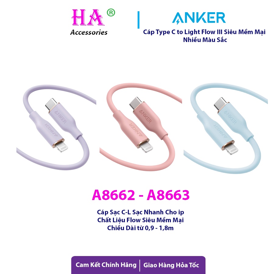 Cáp Sạc Anker Flow III mềm mại C to L , A8662 A8663 Sạc Nhanh PD cho ...