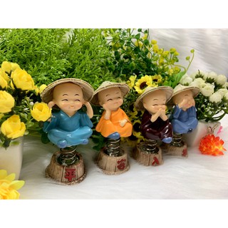 Bộ 4 tượng chú tiểu tứ không đội nón lá tọa đế lò xo ( Hình Thật - Video Thật )