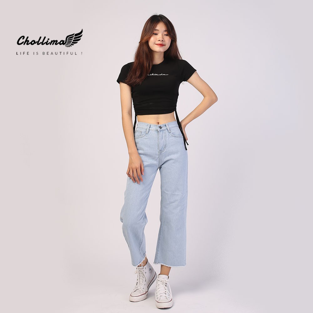 Ảnh Quần jeans baggy nữ Chollima ống rộng trơn tua lai QD014 phong cách hàn quốc 2