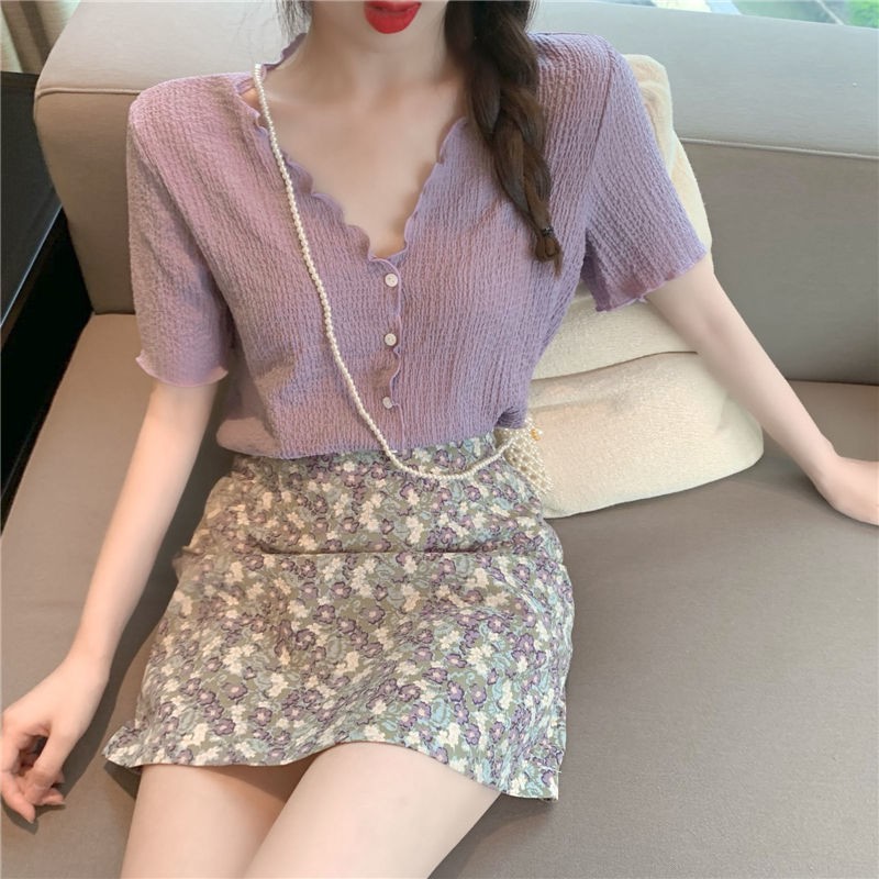 Áo Sơ Mi Chiffon Cổ V Tay Nhún Bèo Xinh Xắn Cho Nữ
