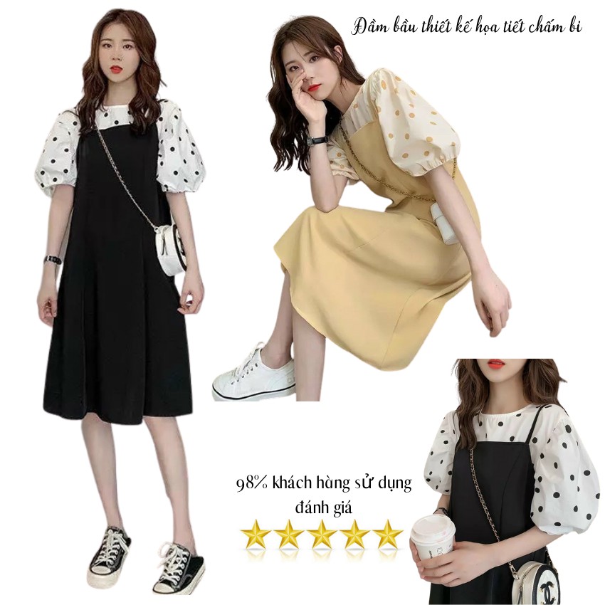 (XẢ LỖ )Đầm bầu-váy bầu chất cát hàn siêu mát không nhăn vai chấm bi cách điệu Q0003