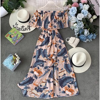 Đầm maxi Trễ Vai Chất chiffon Hoạ Tiết Hoa Phong Cách Bohomian