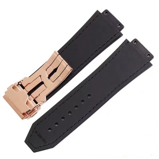 HUBLOT Dây Đeo Bằng Cao Su Da Bò Thật 25 * 19mm Có Khóa Hình Bướm Cho Đồng Hồ