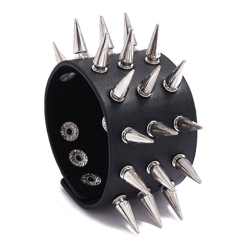 Punk Ba Hàng Gai Đinh Tán Đinh Tán Rộng Vòng Da Gothic Rock Unisex Vòng Tay Đen