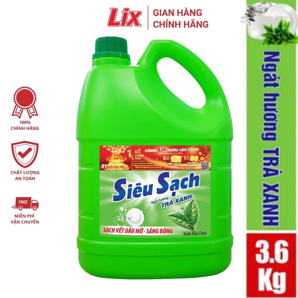 Ảnh Nước Rửa Chén Lix Siêu Sạch Hương Trà Xanh 3.6Kg N8105 thơm dịu sạch bóng vết dầu mỡ 1