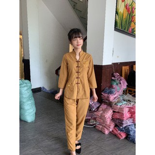 thời trang đi chùa nữ, cổ tàu thêu sen