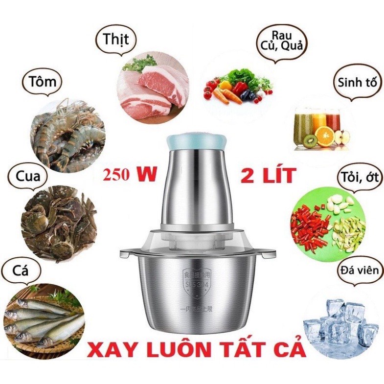 Máy Xay Thịt Đa Năng Food Processor (2l) Cối Xay Inox 4 Lưỡi- Máy xay cầm tay công suất 250W
