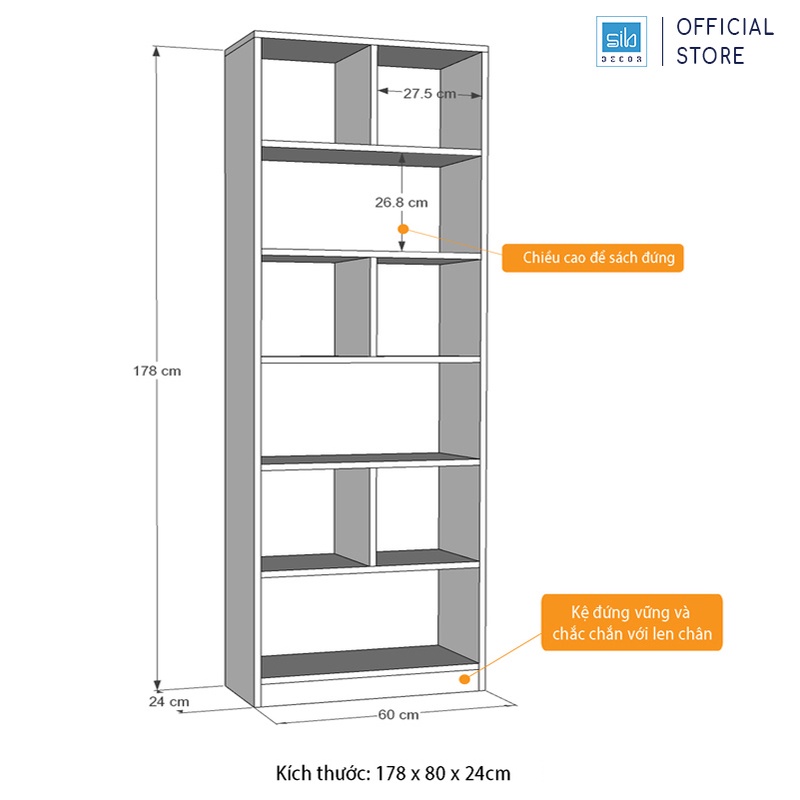 Ảnh Giá Sách Gỗ Đứng Dài 60cm, Cao 178cm, Rộng 24m Kệ Để Sách Đồ Trang Trí Decor SIB KSG02, Tặng Tua Vít 2