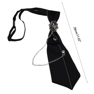 Gothic Black Necktie Rhinestones Pendant Metal Chain Evening Party Pre Tied Tie