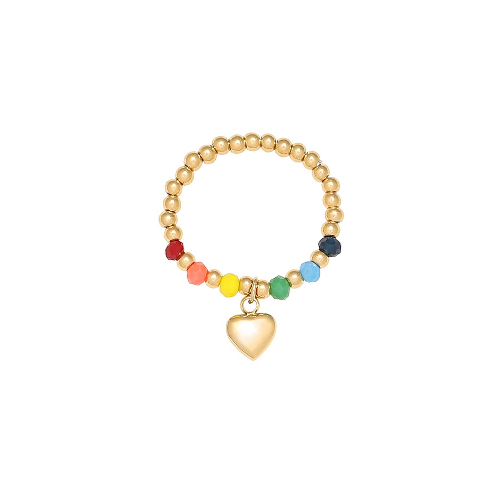 Nhẫn nữ titan kiểu xâu chuỗi bi tròn và thủy tinh màu sắc charm mặt cười trái tim xinh xắn không gỉ WE2209