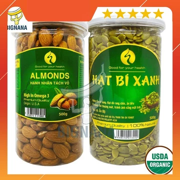Combo Hạnh Nhân Mỹ Tách Vỏ Nguyên Vị 500gr, Nhân Hạt Bí Xanh Ấn Độ Hộp 500gr Cam kết chính hãng 100%