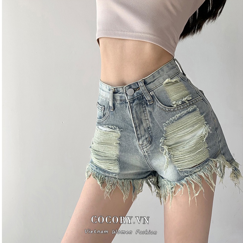 Cocory vn Quần Short Denim Lưng Cao Ống Rộng Phong Cách Đường Phố Gợi Cảm Cho Nữ