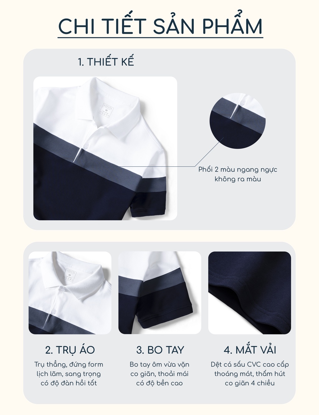 Mô tả Áo thun Polo nam phối sọc LEEVUS, CVC cá sấu 100% cao cấp, LEEVUS APL213 - 2