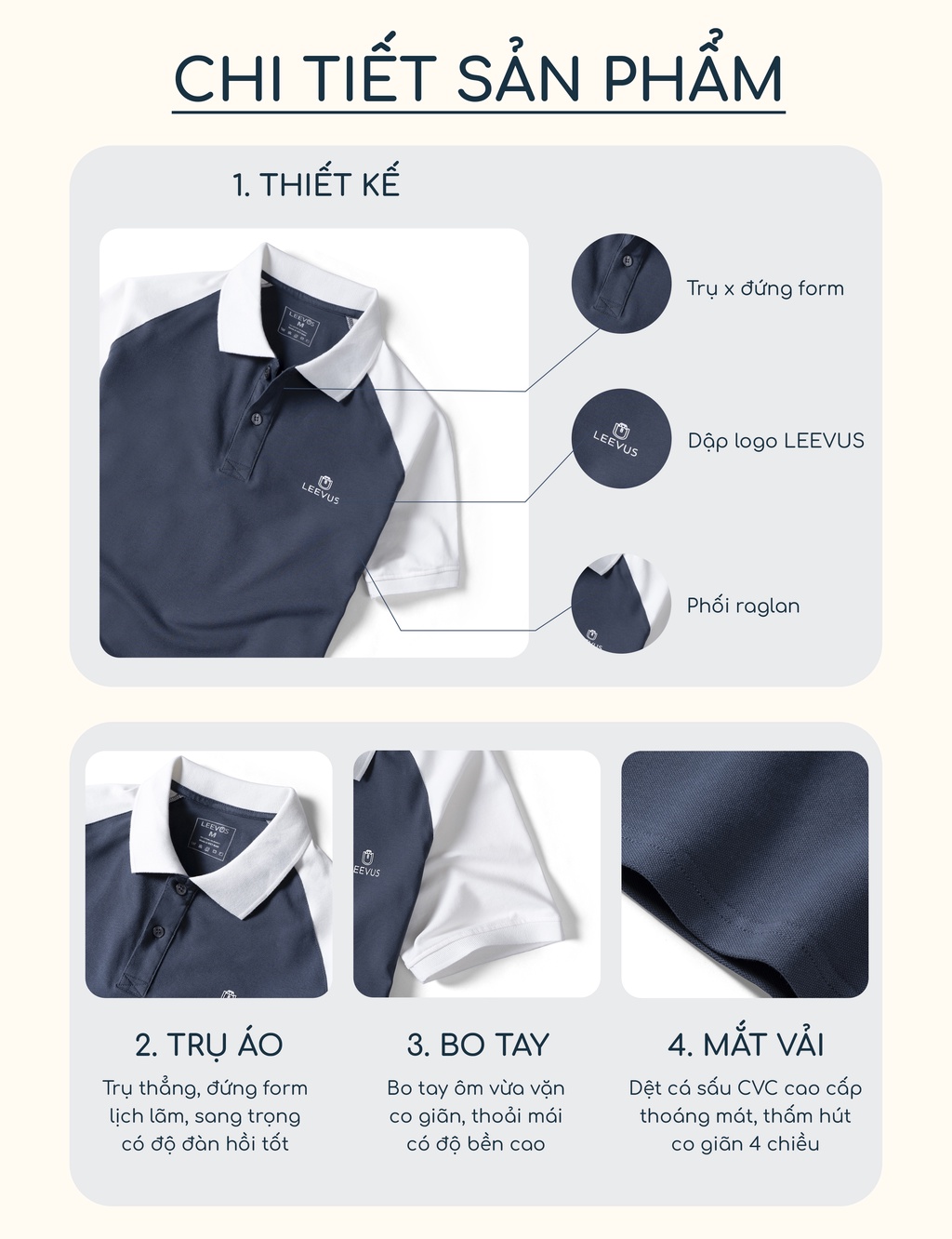 Mô tả Áo polo nam phối Raglan logo LEEVUS đen trắng, trẻ trung vải CVC cá sấu APL204 - 2