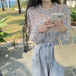 Áo Sơ Mi Chiffon Tay Dài Cổ Tròn Phối Bèo Họa Tiết Hoa Phong Cách Hàn Quốc Cho Nữ
