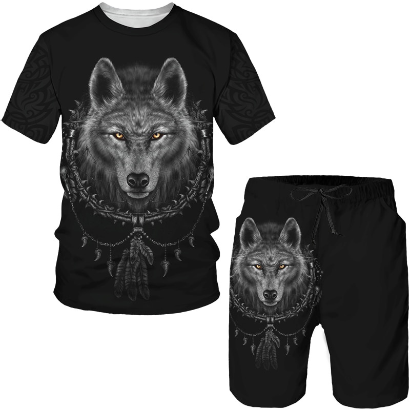 Set Đồ Thể Thao Áo Thun Tay Ngắn Cổ Tròn In Hình Sói 3D + Quần Short Phong Cách Hip Hop Thời Trang Mùa Hè Cho Nam