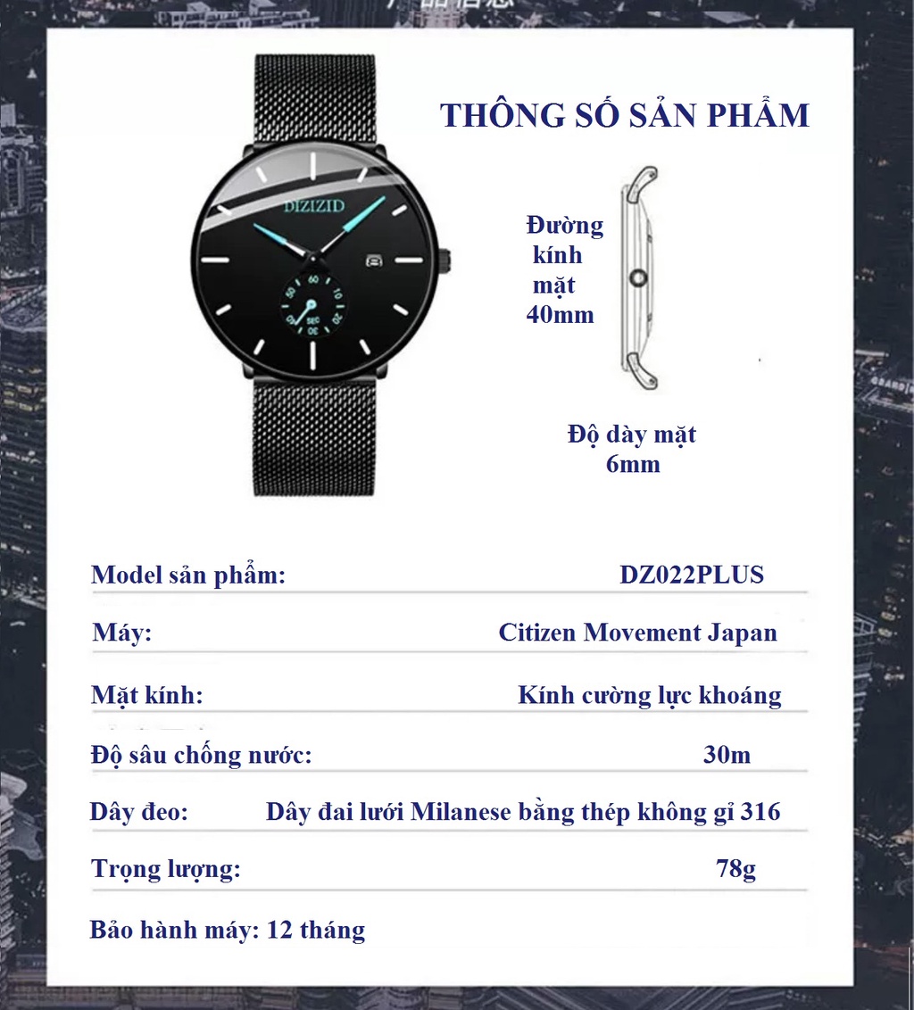 Mô tả Đồng hồ nam chính hãng DIZIZID dây thép lụa đen Chạy Full 5 kim - Có lịch ngày - Thiết kế trẻ trung hiện đại DZZ89 - 7