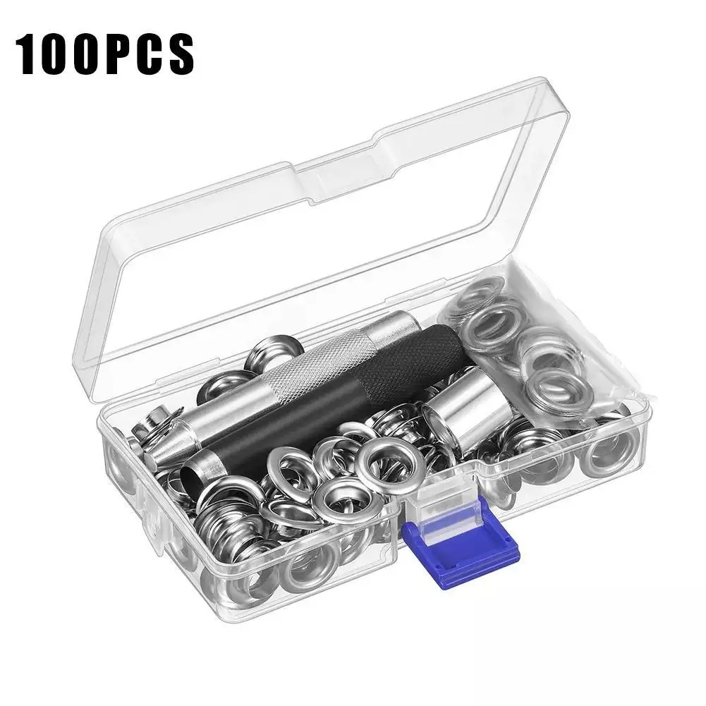 Hộp 100 khuyên bằng kim loại, dùng để trang trí quần áo, đóng lỗ bạt, quần áo để cổ dây, giá tốt