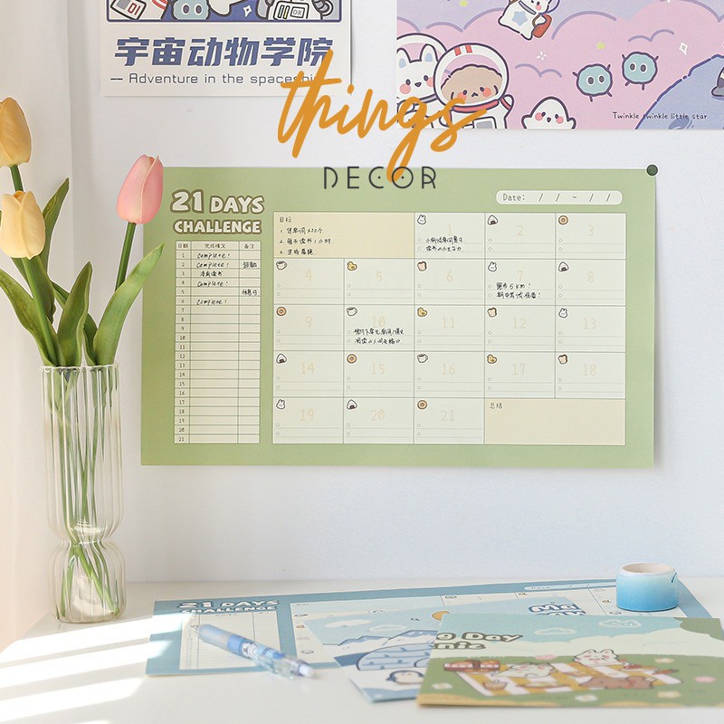 Ảnh decor bàn học THINGS poster dán tường 21 Day Challenge đồ dùng ...