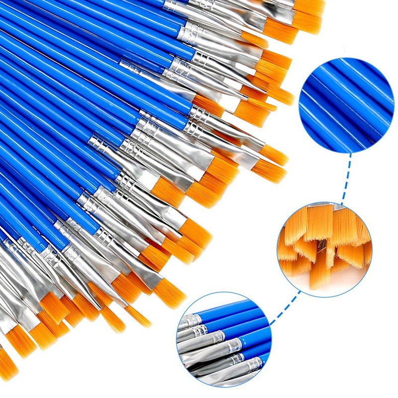 Bộ 100 Bàn Chải Sơn Phẳng Trẻ Em Nylon Tóc Acrylic Dầu Nhỏ Màu Nước Nghệ Sĩ Tranh Bộ Dụng Cụ