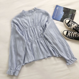 Áo Sơ Mi Nữ Tay Dài Phối Bèo Phong Cách vintage Hàn Quốc