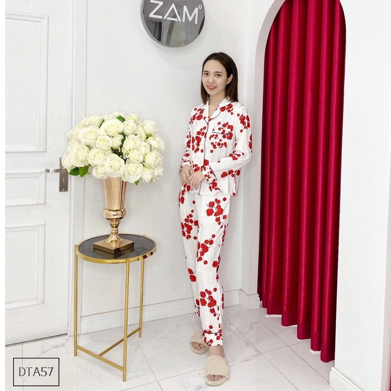 Bộ mặc nhà satin ZAM Luxury – DTA57 – áo dài tay quần dài hoạ tiết