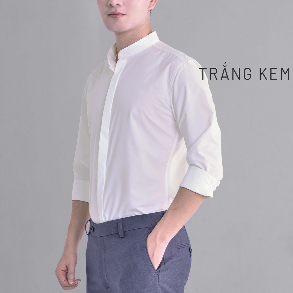 Áo sơ mi CỔ TÀU nam dài tay HTSM MAGNOR Malin vải Polyspun trơn chống nhăn, dáng slimfit che khuy