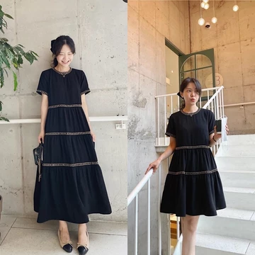 PETBYCHANG - Đầm suông viền dây dệt nổi, đầm suông dáng tầng phối viền