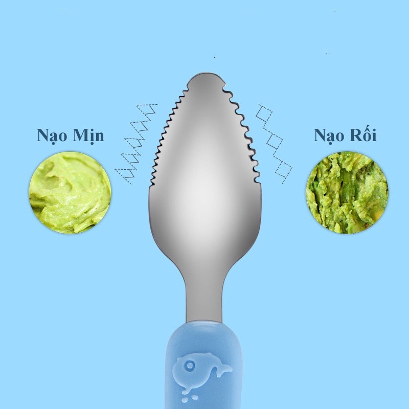 (không hộp) Thìa Nạo Hoa Quả 2 Trong 1 Cho Bé Tập Ăn Dặm - Đầu Inox Và Đầu Silicon Mềm Chất Liệu Cao Cấp mesocshop