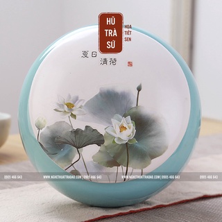 Hũ Trà Sứ Sen 2 Màu Xanh Nhạt Và Xanh Đậm - Kính thước hũ 13x19cm