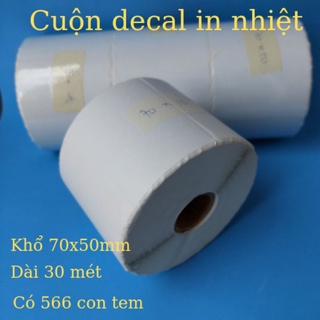 Giấy decal in nhiệt, tem nhãn mã vạch kích thước 70x50mm, cuộn 30met, 566 con tem