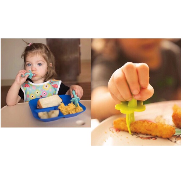 Thìa tập xúc cho bé ăn dặm thìa nĩa dĩa cán ngắn có nút chặn tập xúc có hộp cho bé - hanzo2009