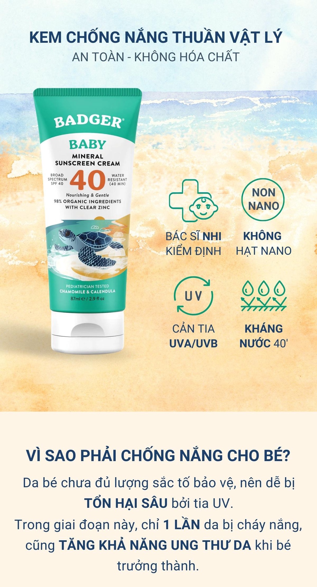 Mô tả Kem chống nắng vật lý cho em bé BADGER SPF 40 Baby sunscreen cho trẻ sơ sinh từ 6 tháng - 87mL - 1