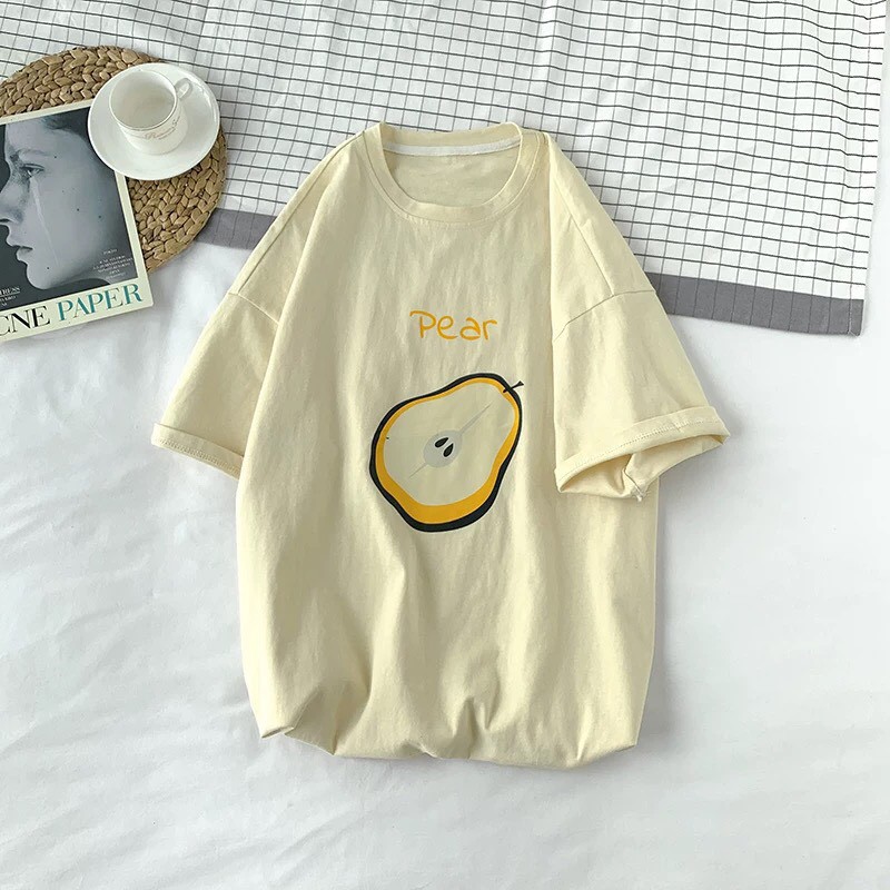 Áo thun unisex nữ tay lỡ form rộng họa tiết trái cây freesize màu đỏ xanh lá vàng nhạt - trái cây
