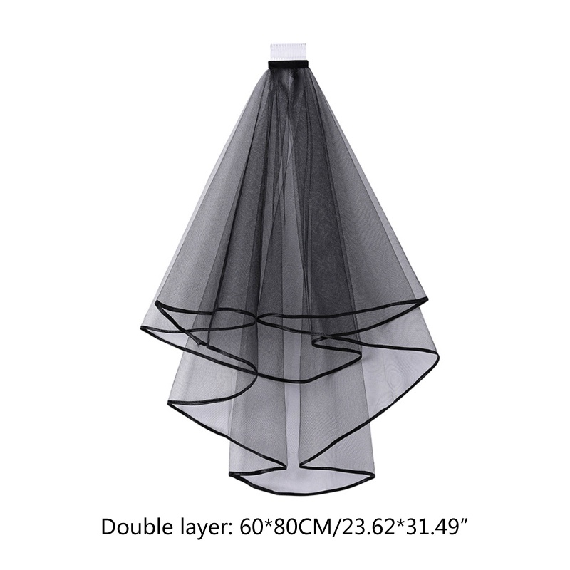 Double Mesh Tulle Ribbon Edge Women Short Wedding Veil with Comb Bride Headpiece
