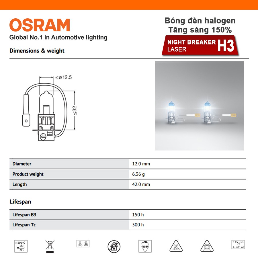 Combo 2 Bóng Đèn Halogen Tăng Sáng 150% OSRAM Night Breaker Laser Dùng Cho Xe Oto Chân H3 64151NL 12V 55W - 3200K 1450LM