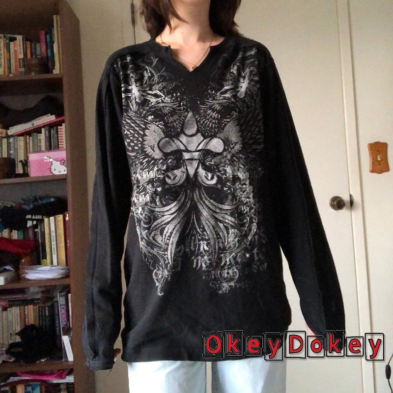 OKDK-y2k Women Print V-Neck Long Sleeve T-Shirt Blouse