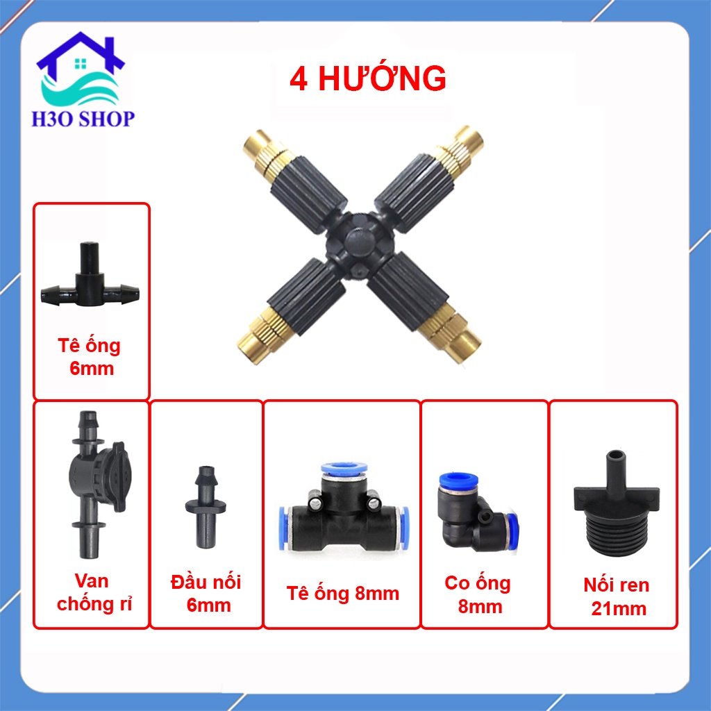 Béc phun sương 4 hướng đầu đồng (Tùy chọn loại chân nối) nối 8mm, 6mm, nối ren 21mm....
