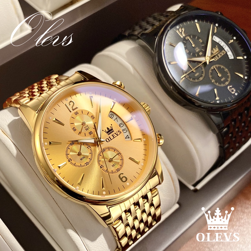 Đồng hồ nam chính hãng Olevs 2867 Quartz Đồng hồ 100% thép không gỉ chống nước Hiệu ứng dạ quang Mặt số vàng đen