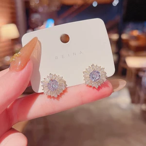S925 Kim Bạc Thời Trang Hoa Zircon Vòng Tròn Bông Tai Sáng Bông Tai